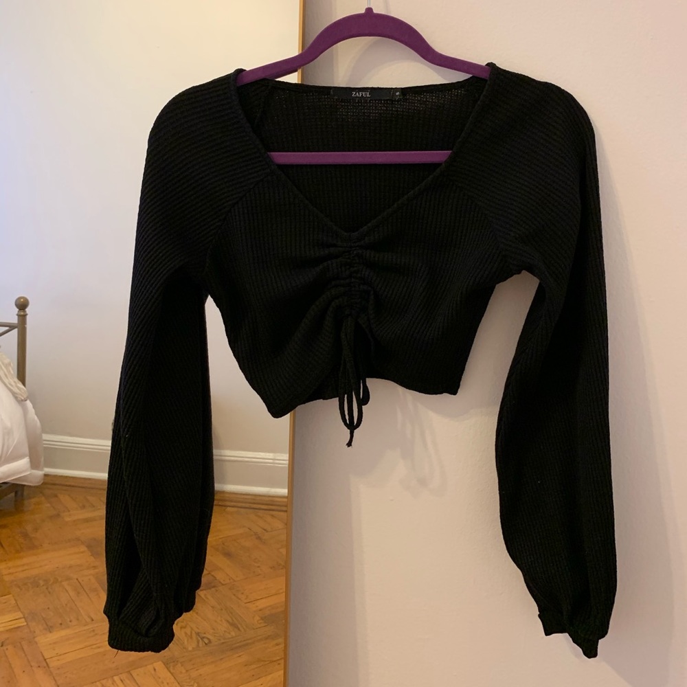 Trendy black cinched crop top